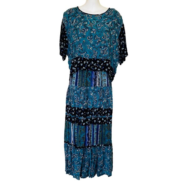 Patchwork Print Maxi Skirt 2pc Set with Top Crinkle Fabric Casual Studio - Picture 2 of 8